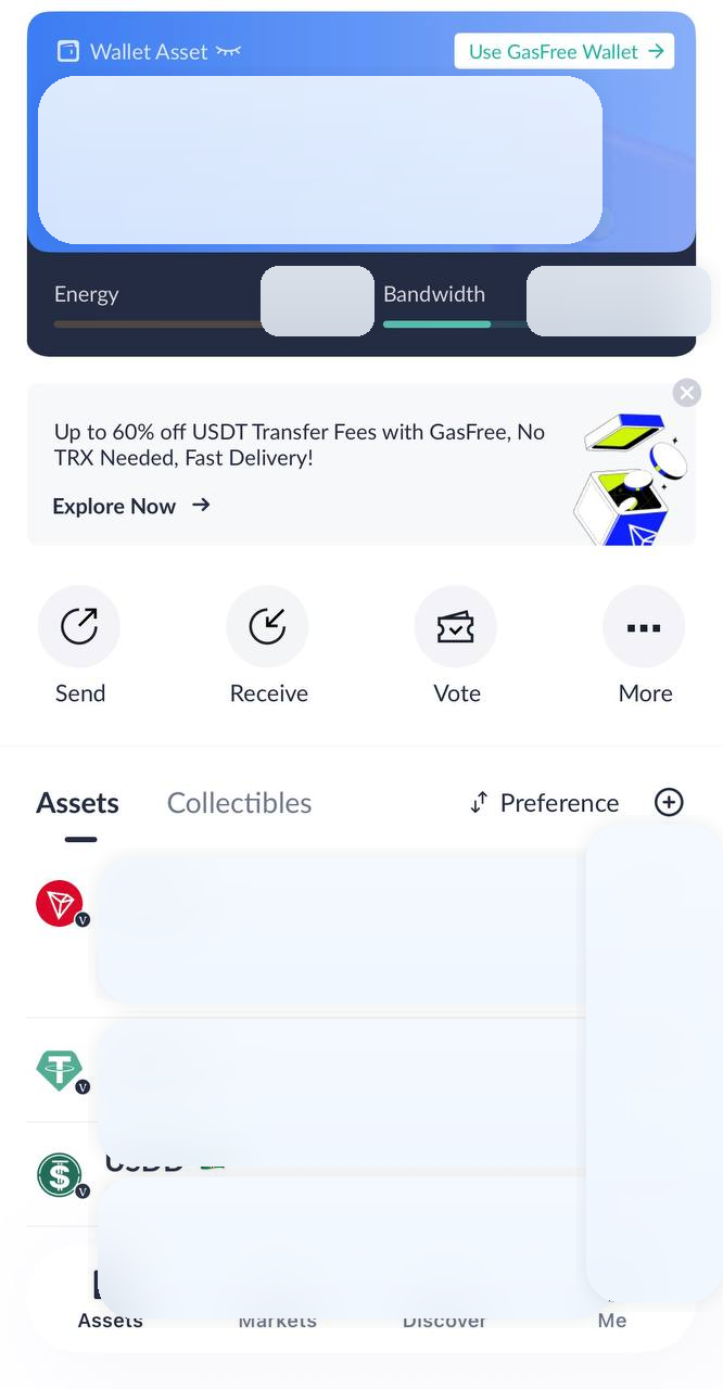 TronLink 지갑 메인 화면 Energy 확인